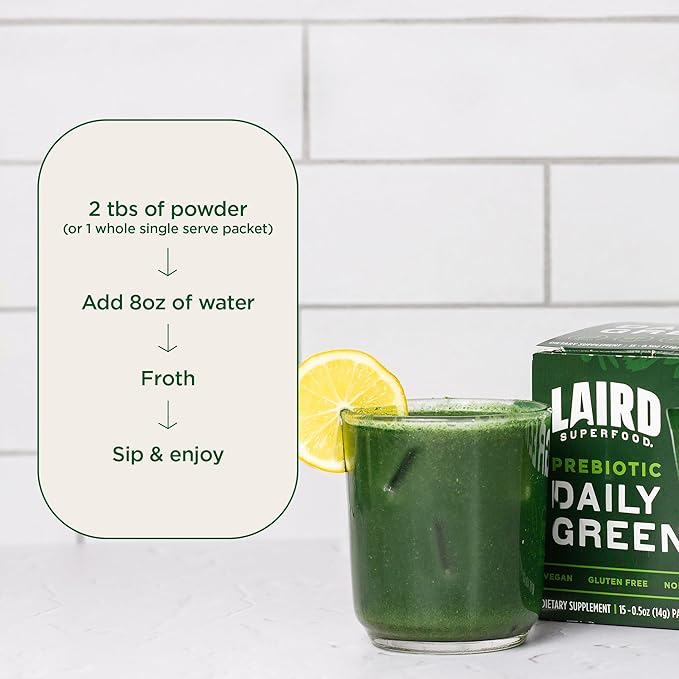 Laird Superfood Prebiotic Daily Greens Powder - Pack of 15 Single Serve Sachets - Essential Vitamins & Minerals - Fiber, Adaptogen & Fruits, Vegetables – Supports Gut Health – Non-GMO, Vegan