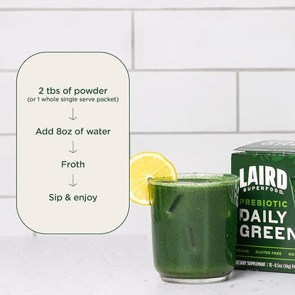 Laird Superfood Prebiotic Daily Greens Powder - Pack of 15 Single Serve Sachets - Essential Vitamins & Minerals - Fiber, Adaptogen & Fruits, Vegetables – Supports Gut Health – Non-GMO, Vegan