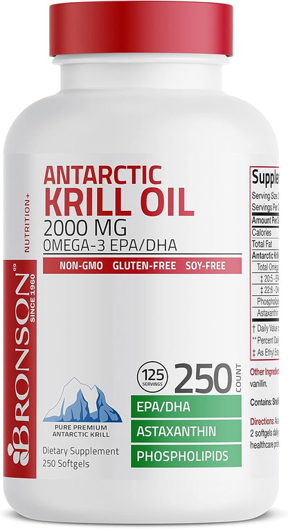 Bronson Antarctic Krill Oil 2000 mg Omega-3s EPA, 250 Softgels (125 Servings)