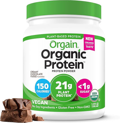 Orgain Organic Vegan Protein Powder, Creamy Chocolate Fudge - 21g Plant Protein, 7g Prebiotic Fiber, Low Net Carb, No Lactose Ingredients, No Added Sugar, Non-GMO, For Shakes & Smoothies, 1.02 lb