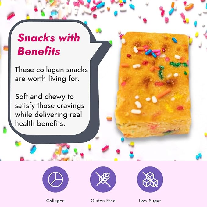 321glo Collagen Protein Brownie | Gluten Free, Low Sugar | Keto Snack for Women, Men, & Kids | 16g Protein, 6g Collagen | 12 Pack (Birthday Cake Blondie)