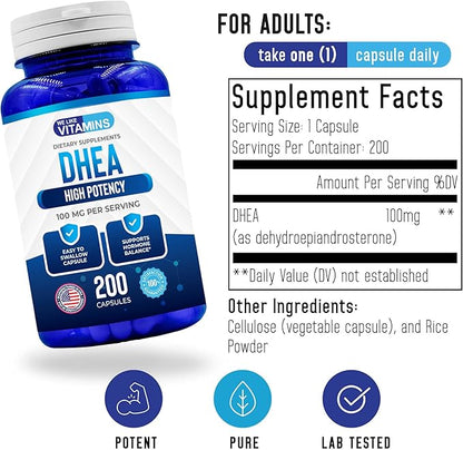 We Like Vitamins DHEA 100mg 200 Capsules - 200 Day Supply of DHEA Capsules - Helps with Hormone Balance and Energy Levels for Men & Women