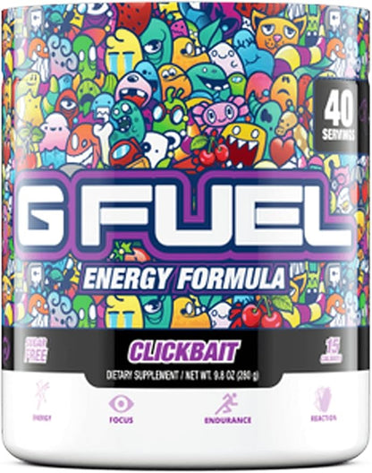 G Fuel Clickbait Energy Drink Powder, Pre Workout Caffeine Mix for Gaming, Sugar Free Focus Amino, Vitamin + Antioxidants, 9.8oz (Cherry Pomegranate, 40 Servings)