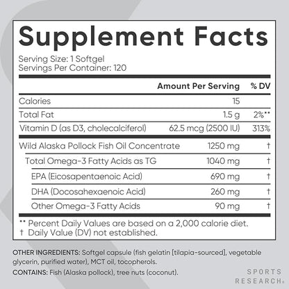 Sports Research Triple Strength 1040mg Omega-3 D3 2500iu 2500iu | 2-in-1 Vitamin 120 Softgels