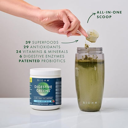 BIOHM Digestive Greens, Green Superfood Powder with Antioxidants, Vitamins and Probiotics, Super Greens, Supplement with Enzymes, Ashwagandha, Spirulina, Chlorella, Berry Flavor (30 Servings)