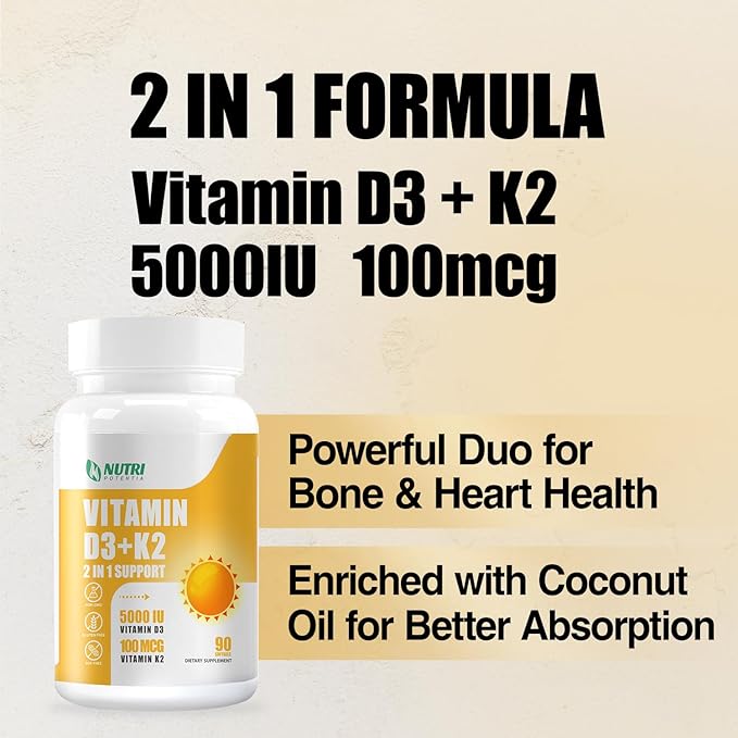 Vitamin D3 K2 Supplement with MCT Oil, Vitamin D3 5000 IU and K2 100 mcg Softgel, Bone and Heart Health Support Supplement, Gluten Free - 90 Count Softgels