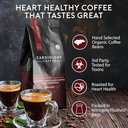 Heart Healthy Coffee - Organic Mold Free Coffee Whole Bean Dark Roast - USDA Certified Hand-Selected Honduras Cardio Coffee - Non-GMO Tested for Mycotoxins & Pesticides - 12oz