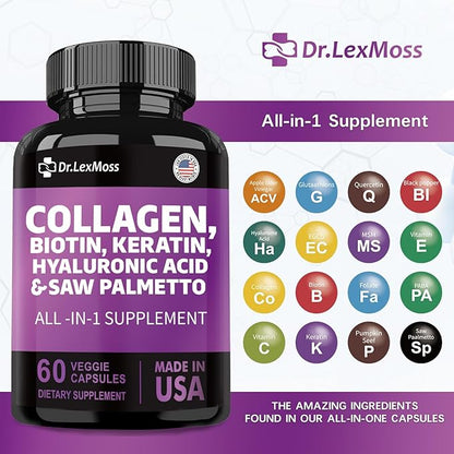 Collagen Pills 1000mg Biotin 10000mcg Keratin 2500mg Hyaluronic 60 Capsules