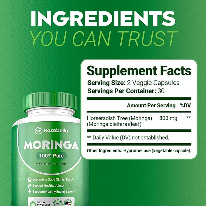 Moringa Powder Capsules - Pure Nutrient-Rich Moringa Powder - A Natural Green Antioxidant Superfood - Supports Energy, Skin Health, Gut Health+ - w/Essential Vitamins & Amino Acids A1 - Pack of 4