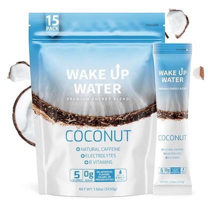 Wake Up Water - Energy + Hydration Sugar Free 15 Pack, Coconut Flavor - Energy Drink Powder, Electrolytes Powder Drink, Natural Caffeine Mix Packet, B Vitamins, 5 Calories, Gluten Free - .10 oz (2.9g)