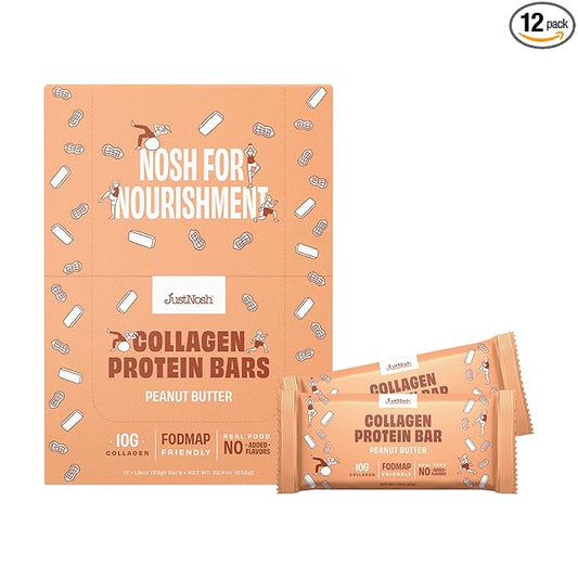 JustNosh Collagen Protein Bars, 10g Collagen, 16g Protein, Gluten Free, Dairy Free, FODMAP Friendly, Seed Oil Free Certified, Clean Ingredients | Peanut Butter (12 Pack)