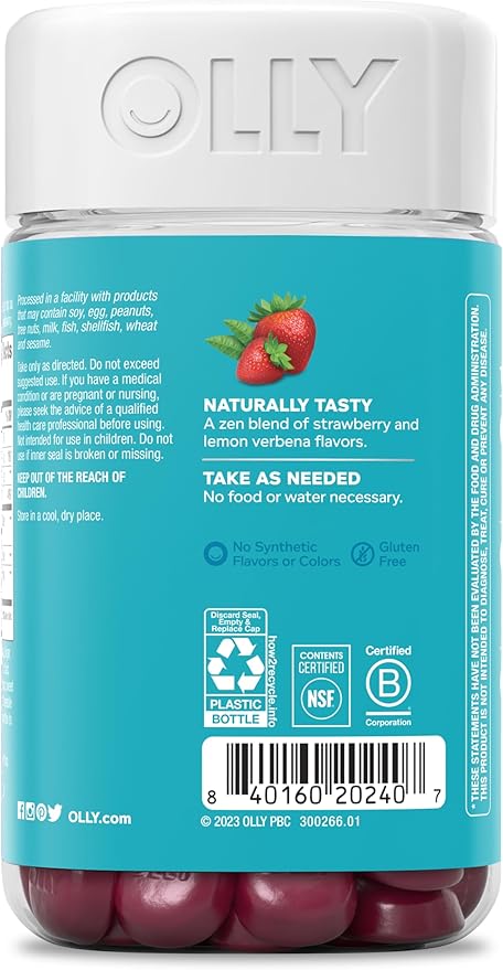 OLLY Goodbye Stress Gummy, GABA, L-Theanine, Lemon Balm, Stress Relief Supplement, Berry - 74 Count
