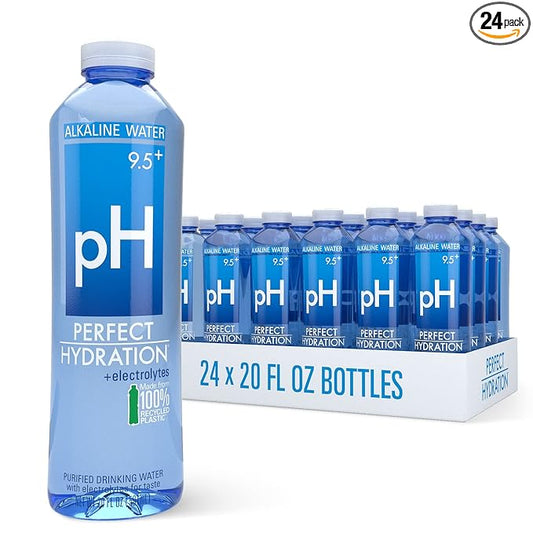 Perfect Hydration 9.5+ pH Alkaline Drinking Water 100% Recycled Bottles Electrolyte Minerals for Taste 24 pack - 20 oz