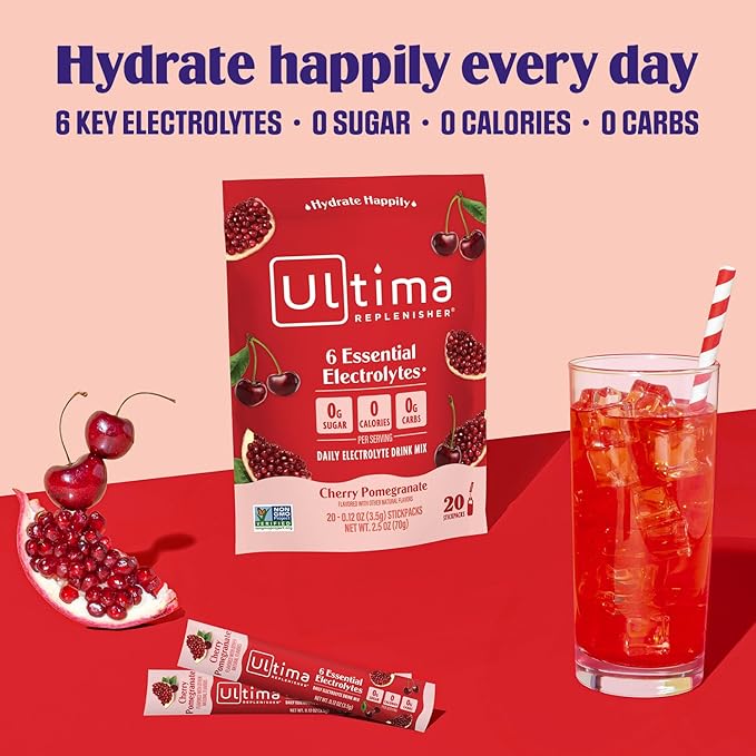 Ultima Replenisher Daily Electrolyte Powder Drink Mix – Cherry Pomegranate, 20 Stickpacks – Hydration Packets with 6 Electrolytes and Minerals – Keto Friendly, Vegan, Non-GMO and Sugar-Free
