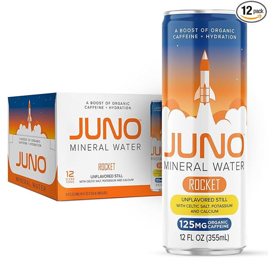 JUNO Rocket Unflavored Still Mineral Water, Hydration Energy Drink with 125mg Organic Caffeine from Green Coffee Beans, Celtic Salt, Potassium, and Calcium, 12 Pack
