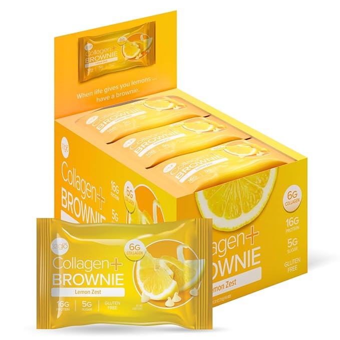 321glo Collagen Protein Brownie | Gluten Free, Low Sugar | Keto Snack for Women, Men, & Kids | 16g Protein, 6g Collagen | 12 Pack (12 Pack, Lemon Zest)