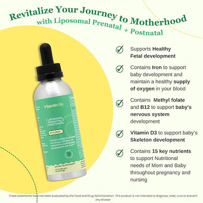 Liposomal Liquid Prenatal + Postnatal Multivitamin Drops with Iron | Non-GMO| Sugar Free| Gluten Free| Easy to Swallow| Supports Both Baby Development and Mom| 30 Day Supply| 3 Fl OZ