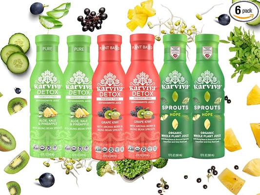 Karviva Organic Detox Juice Variety Pack – Ancient Remedies for Gentle Detox & Healthy Digestion, Low-Sugar Juice Cleanse with Sprouts, Electrolytes, Prebiotics, Antioxidants (6 Bottles, 12 oz Each)