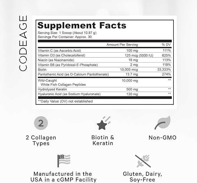 Codeage Marine Collagen Protein Powder Supplement, 10,000 mcg, D3 & B6, Keratin, 11.50 oz