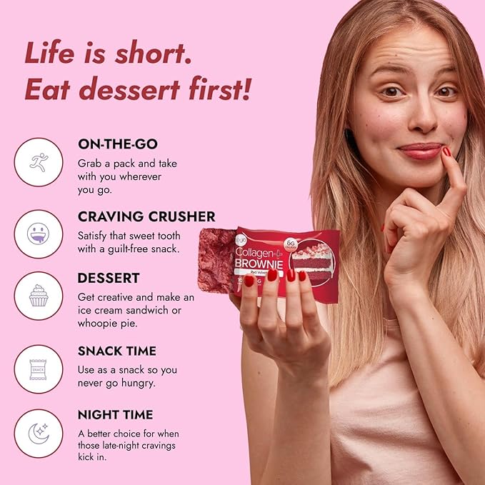 321glo Collagen Protein Brownie | Gluten Free, Low Sugar | Keto Snack for Women, Men, & Kids | 16g Protein, 6g Collagen | 12 Pack (12 Pack, Red Velvet)