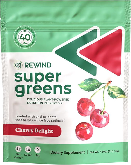 Rewind Greens - Super Greens Powder 40 Superfoods B12, Zinc,