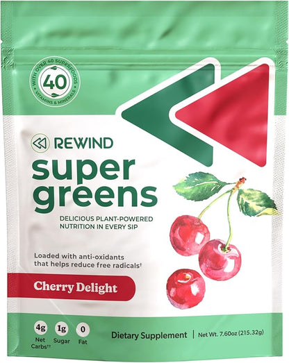 Rewind Greens - Super Greens Powder - Delicious Green Juice Drink Mix with Amazing Flavor - Over 40 Superfoods - Vitamin B12, Zinc, Vitamin C, Magnesium, and Calcium - Cherry Delight