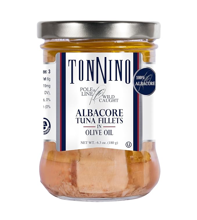 Tonnino Albacore Tuna in Olive Oil 6.3oz Premium 6-Pack: Omega-3 Rich, High Protein, Gluten-Free, Ready-to-Eat Tuna Packets for Tuna Salad, Tuna Fish Alternative to Salmon, Kosher, Pole & Line Caught