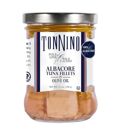 Tonnino Albacore Tuna in Olive Oil 6.3oz Premium 6-Pack: Omega-3 Rich, High Protein, Gluten-Free, Ready-to-Eat Tuna Packets for Tuna Salad, Tuna Fish Alternative to Salmon, Kosher, Pole & Line Caught
