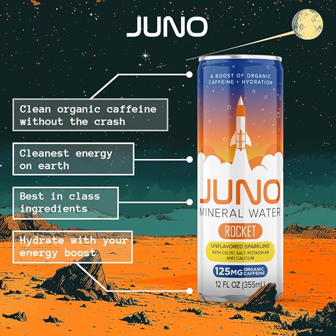 JUNO Rocket Unflavored Sparkling Mineral Water with Organic Caffeine, Celtic Salt, Potassium, and Calcium, 12 Pack