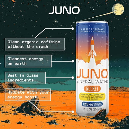 JUNO Rocket Unflavored Sparkling Mineral Water with Organic Caffeine, Celtic Salt, Potassium, and Calcium, 12 Pack