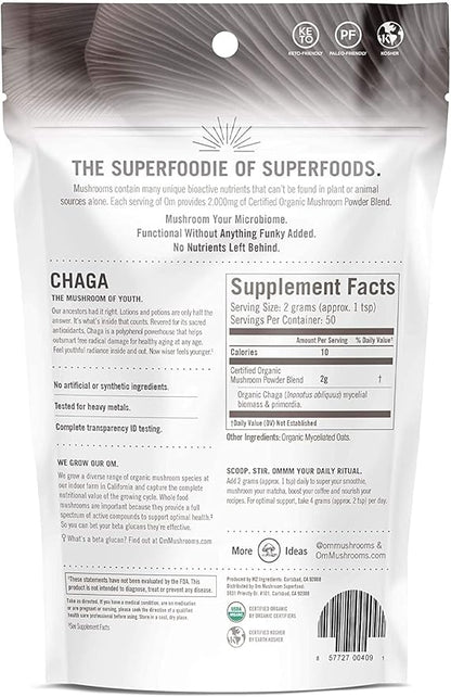 Om Mushroom Superfood Chaga Organic Mushroom Powder, 3.5 Ounce, 50 Servings, US Grown, Sacred Antioxidants & Immune Support, Superfood Mushroom Supplement
