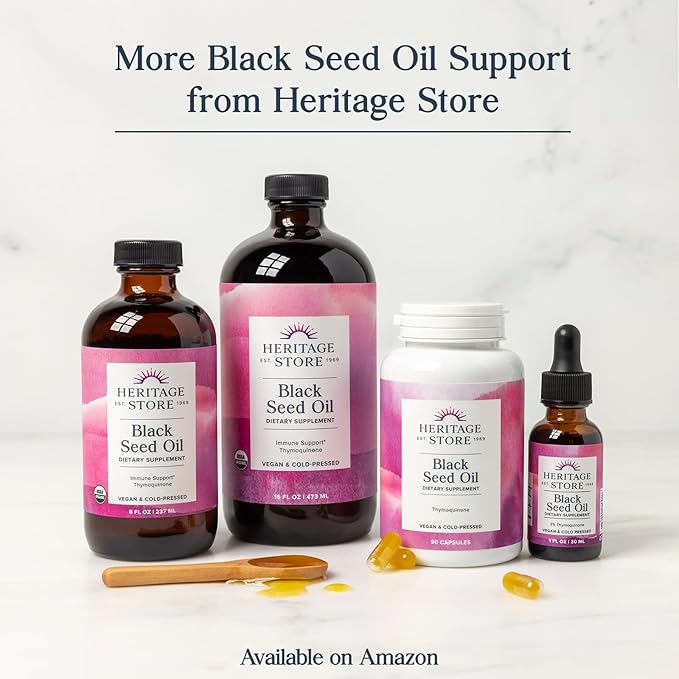 HERITAGE STORE Black Seed Oil w/ 3% Thymoquinone, Omega 6 9 - Nigella Sativa Liquid Oil, Cold Pressed from Black Seeds, Joints, Digestion and Immune Support, Vegan, 60-Day Guarantee, 30 Serv, 1 fl oz
