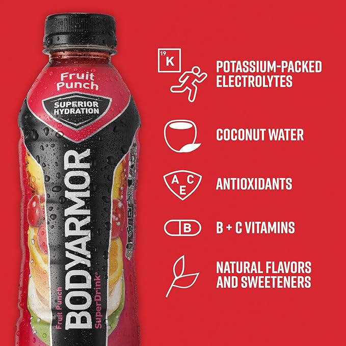 BODYARMOR Sports Drink Sports Beverage, Fruit Punch, Coconut Water Hydration, Natural Flavors With Vitamins, Potassium-Packed Electrolytes, Perfect For Athletes, 16 Fl Oz (Pack of 12)