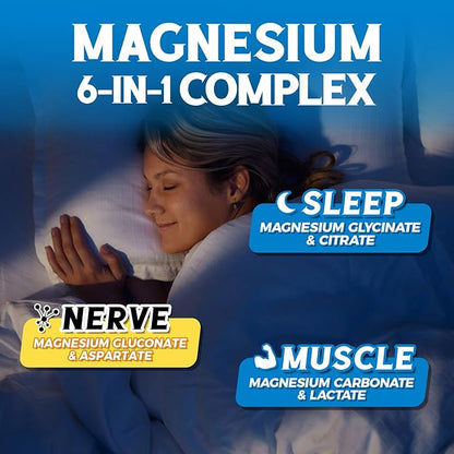 Magnesium Complex Supplement 1160mg for Sleep, Nerve & Muscle, 6 Forms of Max Absorption Magnesium Glycinate, Citrate, Aspartate, Gluconate, Carbonate & Lactate, (No Magnesium Oxide), 90 Vegan Caps