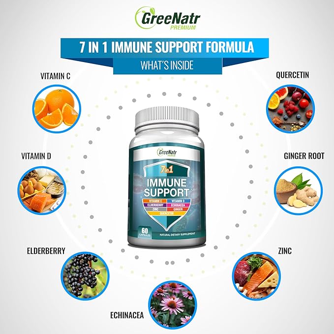 7 in 1 Immune Support Supplement D3, Zinc 50mg, Quercetin, 60 Capsules (1 Bottle)