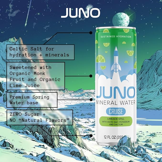JUNO Cruise Limeade Still Mineral Water sweetened with Organic Monk Fruit and Organic Lime Juice, and added Celtic Salt, Potassium, and Calcium, Premium Hydraton Drink, 12 Pack