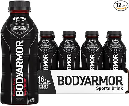 BODYARMOR Sports Drink Sports Beverage, Blackout Berry, Coconut Water Hydration, Natural Flavors With Vitamins, Potassium-Packed Electrolytes, Perfect For Athletes, 16 Fl Oz (Pack of 12)
