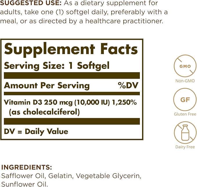 Solgar Vitamin D3 (Cholecalciferol) 250 MCG (10,000 IU), 120 Softgels 120 Servings