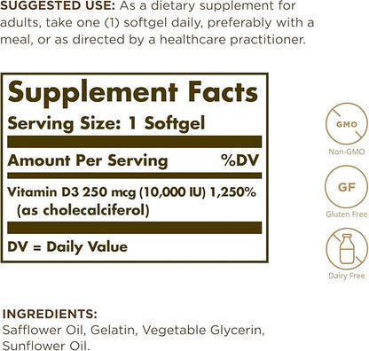Solgar Vitamin D3 (Cholecalciferol) 250 MCG (10,000 IU), 120 Softgels 120 Servings