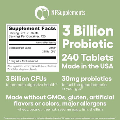 Bifidobacterium Lactis Probiotic Supplement 240 Tablets 3 Billion CFU Probiotics for Men & Women Supports Intestinal Digestive & Gut Health Made in The USA (240, Bifidobacterium Lactis)
