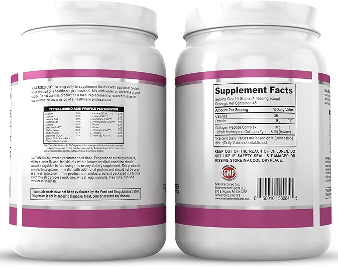 Nature's Free Hydrolyzed Collagen Peptides Powder 10G Hair, 9g Protein 1lb Unflavored 45 Servings 45 Days