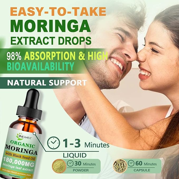 Organic Moringa Liquid Drops,Pure Moringa Oleifera Leaves Extract w/Black Seed Oil Supplement for Energy,Skin,Gut Health,Immune,Natural Antioxidant Superfood More Potency Than Moringa Powder(2 Fl Oz)