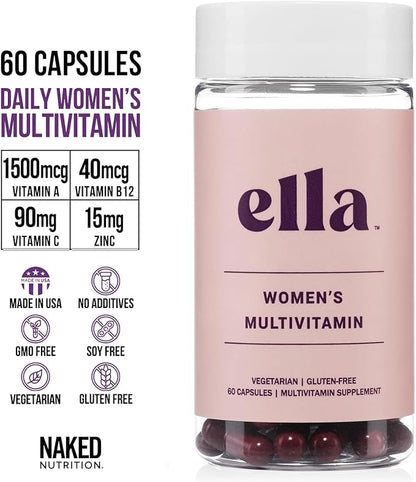 Ella Women's Multi - Daily Multivitamin - Vitamins A, C, E, Selenium, Zinc, Fruit and Super Green Extracts, to Boost Immune Support - Gluten-Free and Vegetarian Vitamins, 60 Capsules
