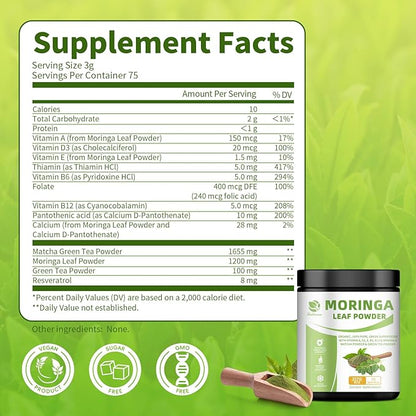 Organic Moringa Powder, Green Superfoods with Matcha Powder Green Tea Powder Resveratrol - Rich in Antioxidants and Vitamin A D3 E B6 B12, Digestive and Immune Support - Non-GMO, Vegan, 8 oz, 2 Pack