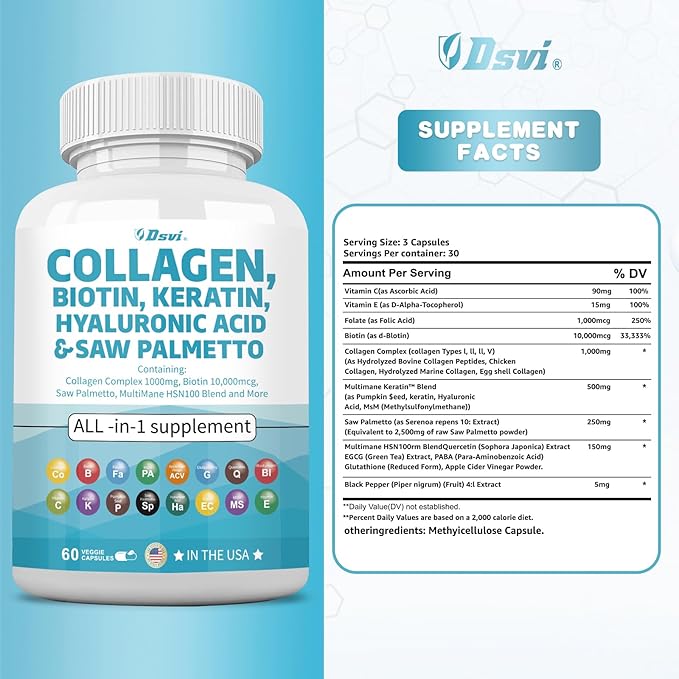 Collagen Pills 1000mg Biotin 10000mcg Keratin 2500mg Hyaluronic Women,60 Count