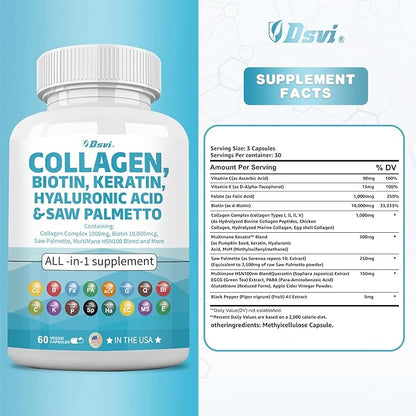 Collagen Pills 1000mg Biotin 10000mcg Keratin 2500mg Hyaluronic Women,60 Count