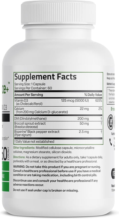 Bronson DIM Balance+ Calcium D-Glucarate, Broccoli Sprouts and Vitamin D3 200 MG of DIM per Capsule Supports Estrogen Metabolism and Balanced Hormone Levels Non-GMO, 60 Vegetarian Capsules