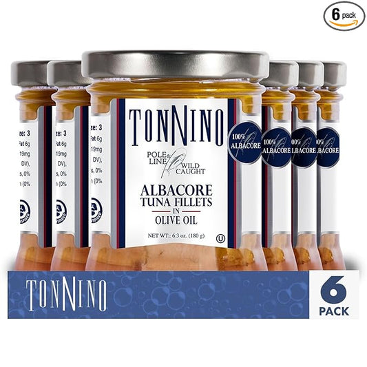 Tonnino Albacore Tuna in Olive Oil 6.3oz Premium 6-Pack: Omega-3 Rich, High Protein, Gluten-Free, Ready-to-Eat Tuna Packets for Tuna Salad, Tuna Fish Alternative to Salmon, Kosher, Pole & Line Caught