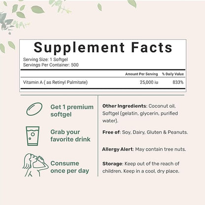 Micro Ingredients Maximum Strength Vitamin A 25000 IU 500 Softgels