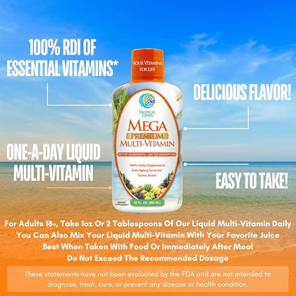 Mega Premium Liquid Multivitamin 1333% Vitamin 200% D3, D3, Zinc 20 Vitamins, 70 Minerals, 21 Amino 98% Absorption 32 Serv